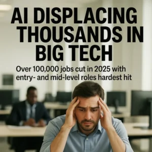 A distressed office worker sits at a desk with his head in his hands, while others work in the background of a modern tech office. Bold black headline text above reads: “AI Displacing Thousands in Big Tech: 2025's Workforce Wake-Up Call,” highlighting the emotional impact of widespread job cuts due to automation.