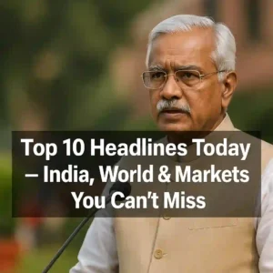 News banner with an elderly Indian man in a beige Nehru jacket speaking into a microphone, bold white text overlay reads: ‘Top 10 Headlines Today – India, World & Markets You Can’t Miss’ against a blurred outdoor background.