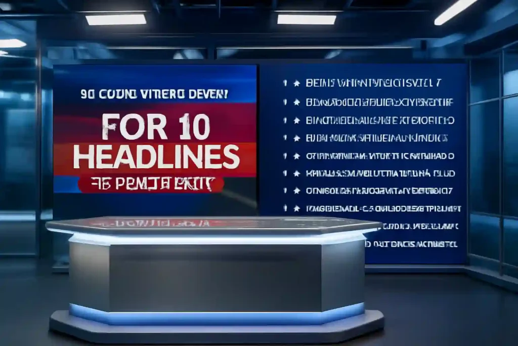 A modern news desk with digital screens displaying today's top 10 news headlines, set in a sleek studio environment, dated 03 September 2025