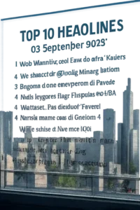 Today's top 10 news headlines written clearly on a transparent glass wall, with a high-rise city skyline in the background, dated 03 September 2025