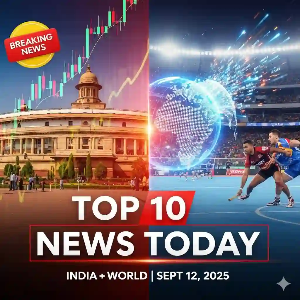 showing the Indian Parliament on the left and a kabaddi player in action on the right. Overlaid text reads "Top 10 News Today | India + World | Sept 12, 2025" and a "Breaking News" badge is in the top left corner.