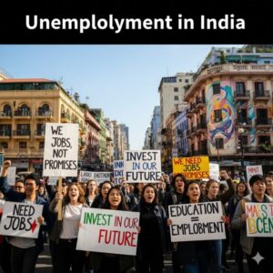 Indian students protest unemployment in a vibrant city, carrying signs like 'We Need Jobs' and 'Invest in Our Future', with 'Unemployment in India' as the main title